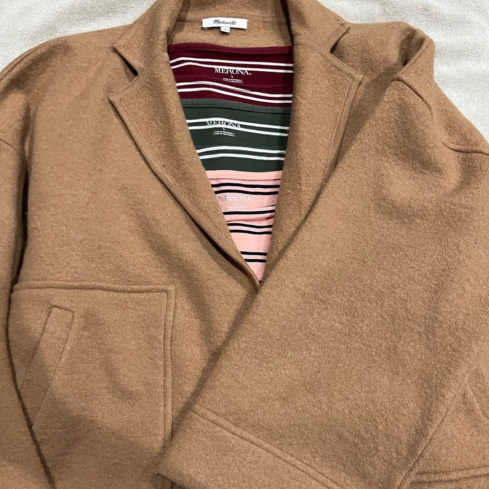 Madewell sweater and three merona 3/4 length sleeve striped tops